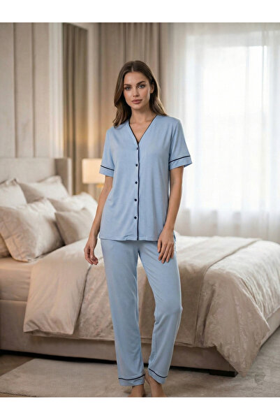 Lohussa New Season Blue Summer Full Buttoned Design Piping Detailed Short Sle...