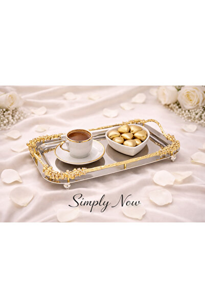 Simply Now Gold Detaylı Gümüş Aynalı Baton Söz Nişan Tepsisi Kulplu Ayaklı 33...