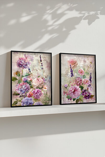 STARYUNA Black Wooden Framed Vintage Floral Themed Double Painting Set Yuna668