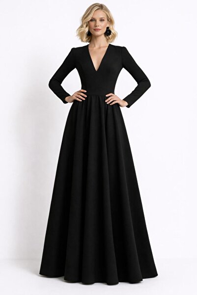 UNTIMELY V-Neck & Long Sleeve Black Plain Woven Maxi Stylish Dress
