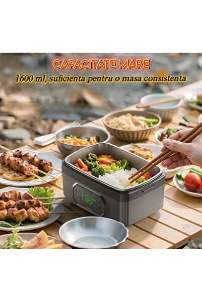 2AMNOVA Caserola Electrica Portabila cu Acumulator, Afisaj Digital, Incalzire 360°, 1.6L, Inox 304