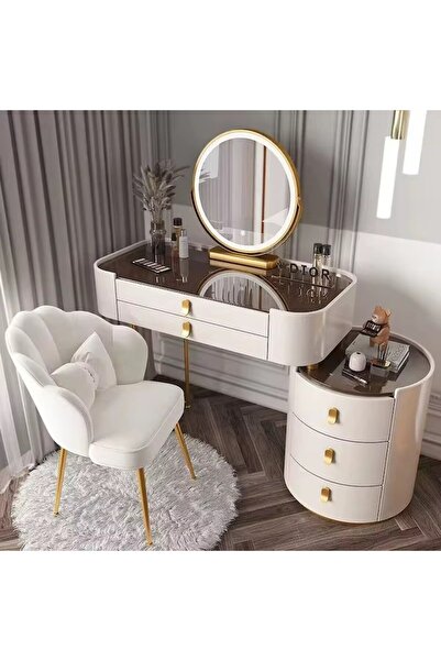 7LIFE Makeup Table with LED Mirror Round, Modern Vanity Set with Drawers and ...