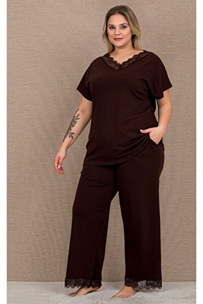 by İGP Dark Brown Lace Short Sleeve Plus Size Pajama Set