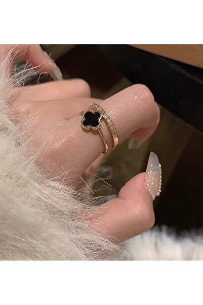 ABETE Altın Renk Siyah Yonca Yüzük | Taşlı Ayarlanabilir Şık Kadın Yüzük | Mi...