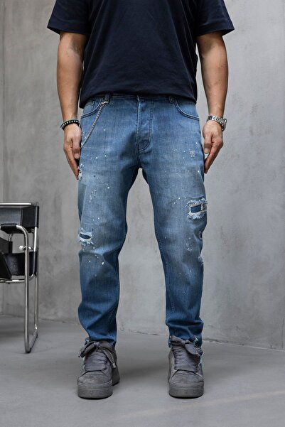 MODINI Slim fit jeans with chain, rips and splash effect (6880)