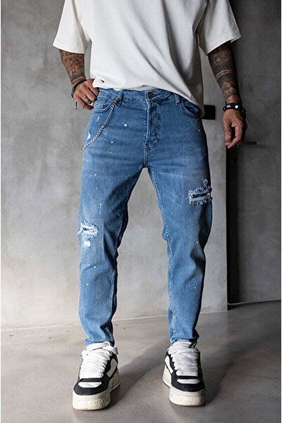 MODINI Slim fit jeans with chain, rips and splash effect (6725)