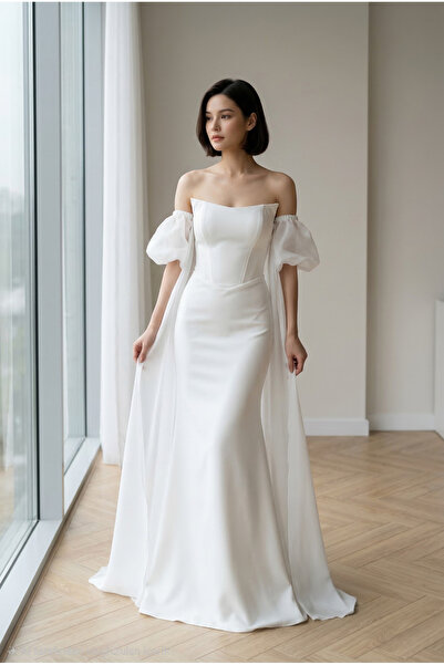 ENDAMIM Жіноча елегантна весільна сукня з вирізом "човник" і рукавами-балонам...