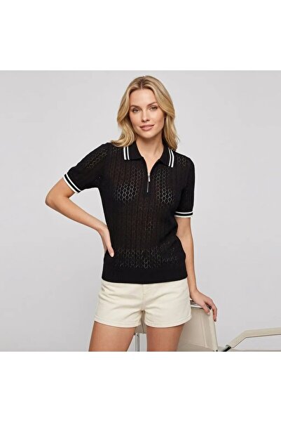 Park Karon Women's Pol Collar Openwork Line Detail Knitwear Sweater 12470