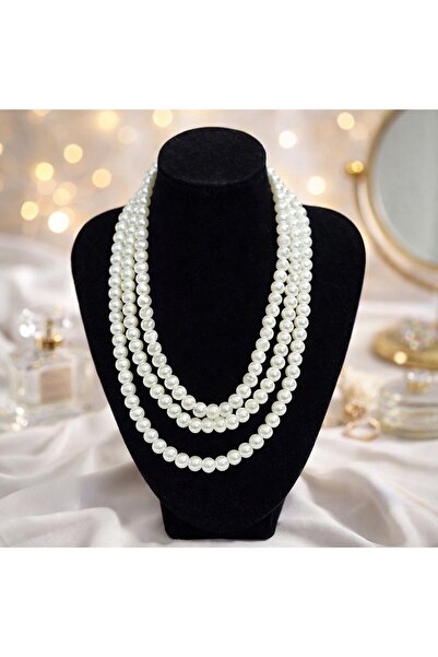 velve Women's Pearl Elegance necklace with 3 rows of white pearls, classic el...