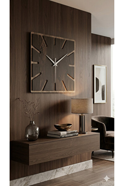 MUKEdu MonoWood Modern Kare Ahşap Duvar Saati - Salon Ofis Mutfak İçin Dekora...