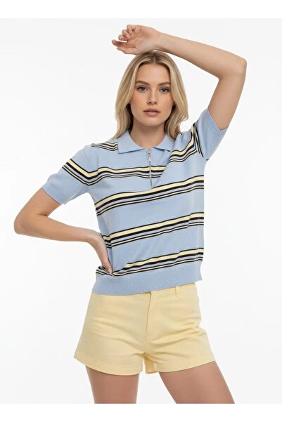 Park Karon Women's Polo Collar Zipper Detail Striped Premium Yarn Knitwear Sw...