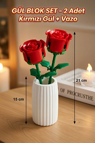 KOBE Kırmızı Gül Blok Seti + Vazo | Lego Benzeri Gül Bricks Yapım Seti | 125 ...