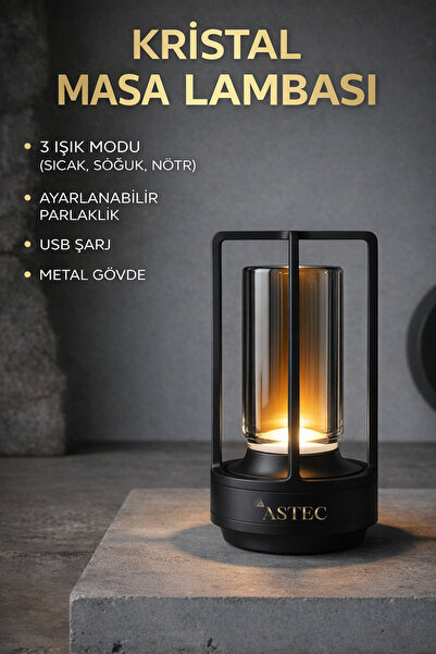 ASTEC Dekoratif Şarjlı Kristal Taşlı Masa Lambası 3 Renk Dokunmatik Dimlenebi...