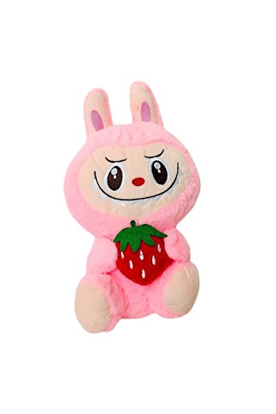 velve Labubu style bunny plush toy, with strawberry, 27 cm, Pink