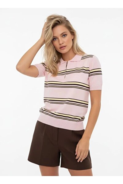 Park Karon Women's Polo Collar Zipper Detail Striped Premium Yarn Knitwear Sw...