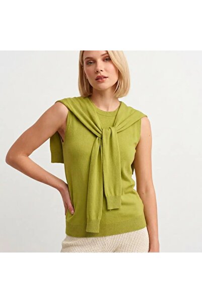 Park Karon Women's Crew Neck Sleeveless Scarf Viscose Knitwear Sweater 12473.Vrt