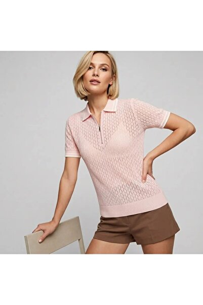 Park Karon Women's Pol Collar Openwork Line Detail Knitwear Sweater 12470