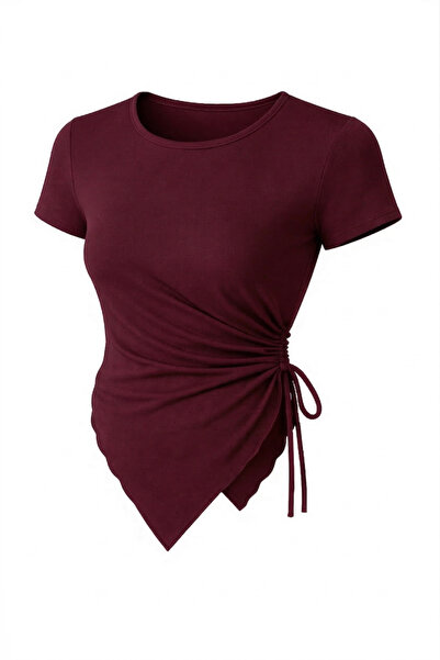 RABTEKS Burgundy Round Neck Drape Detailed Short Sleeve Soft Textured Natural...