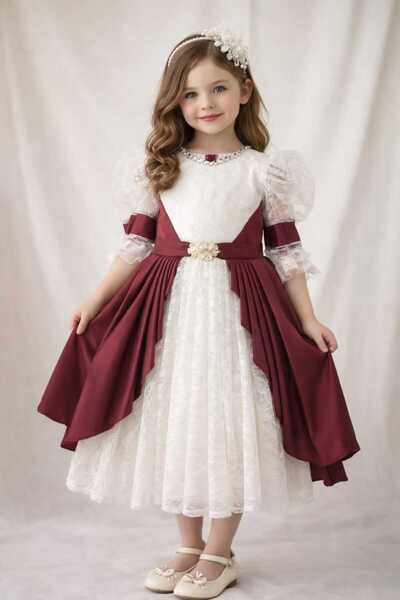 Marllow Beautiful Girl's Dress in Amber Color on Ivory.