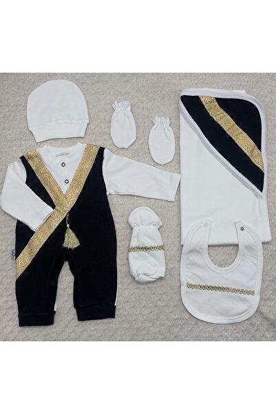 Baby day طقم مواليد فاخر 6 قطع – أبيض × كحلي بلمسات ذهبية – إطلالة ملكية أنيقة