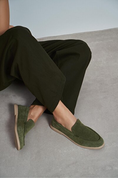 NİŞANTAŞI SHOES Nada Khaki Genuine Suede Flat Sole Women's Loafer