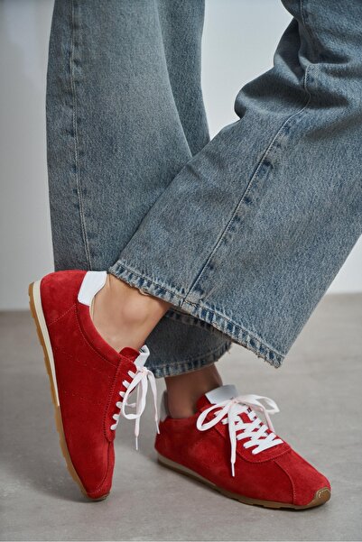 NİŞANTAŞI SHOES Spruce Red Suede Leather Flat Sole Lace-Up Women's Sports Shoes