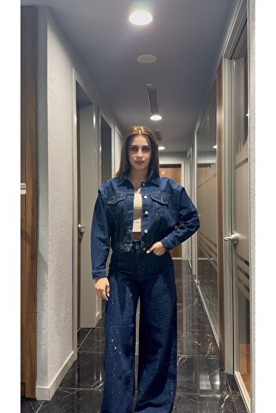 D'RECCY Women's Stone-Embellished Denim Jacket and Stone-Embellished Pants Set