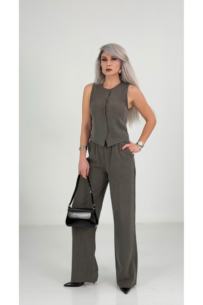 KAROL Haki Düğmeli Yelekli Viskon Kumaş Pantolon Takım