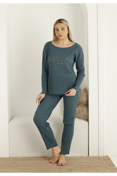 lindros Women's pajamas, long sleeves and long pants with Love print, blue