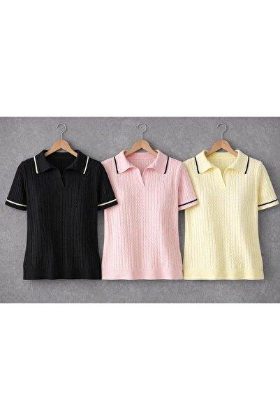 MADAM PARS Γυναικείο πλεκτό μπλουζάκι 3 τεμαχίων με μοτίβο πόλο και κοντό μανίκι