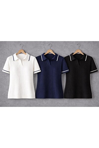 MADAM PARS Γυναικείο πλεκτό μπλουζάκι 3 τεμαχίων με μοτίβο πόλο και κοντό μανίκι