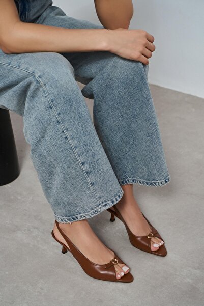 NİŞANTAŞI SHOES Rone Taba Matte Pointed Toe Open-Front Buckle Thin Heeled Wom...