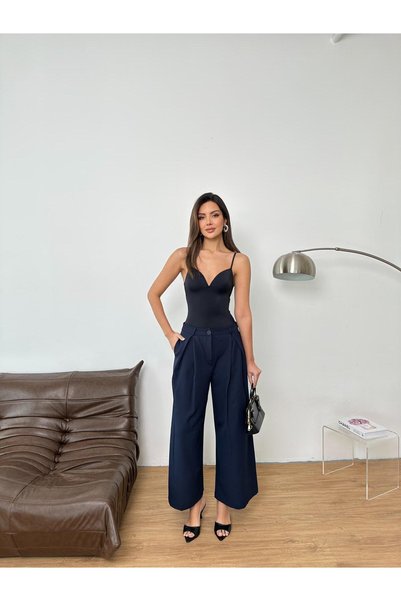 QUASAR Fashion New Season Woven Fabric Front Detail Bridged Buttoned Wide Leg Palazzo Pants