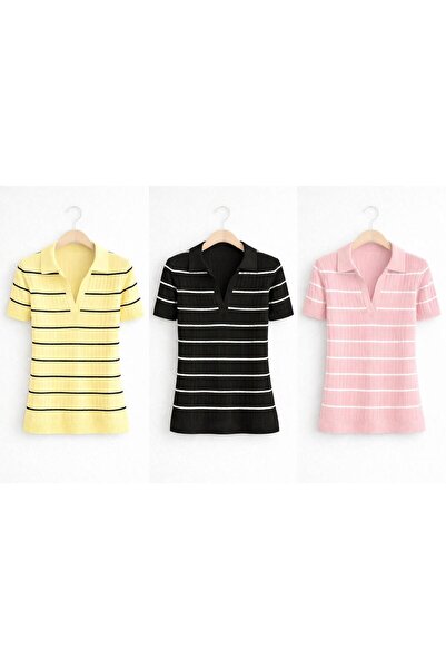 MADAM PARS Γυναικείο ριγέ πλεκτό μπλουζάκι με λαιμόκοψη πόλο 3 τεμαχίων - Σετ...