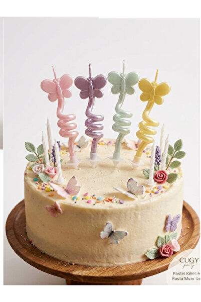 cugy parti malzemeleri MAKARON KELEBEK ŞEKİLLİ PASTA MUM SETİ 4 LÜ