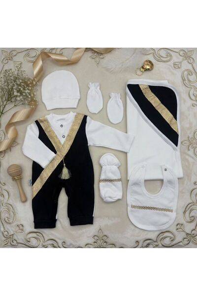 Baby day طقم مواليد فاخر 6 قطع – أبيض × كحلي بلمسات ذهبية – إطلالة ملكية أنيقة