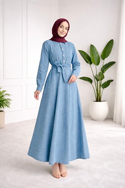 ASTEMİA فستان نسائي من قماش الدنيم بتفاصيل حزام وتفاصيل إسلامية SB0004