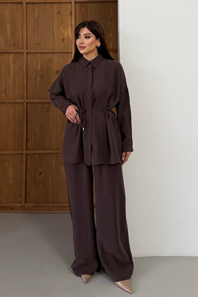 Balenbi Cămașă supradimensionată cu guler și șireturi, croială lejeră, set hi...