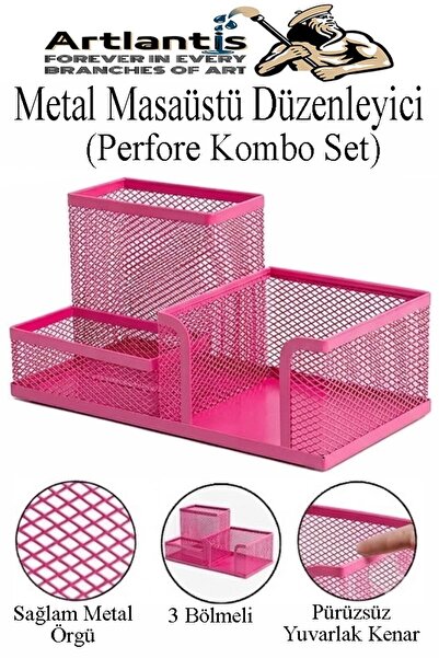Artlantis Masaüstü Metal Kalemlik Seti 3 lü Kombo 1 Paket Fileli Perfore Renk...