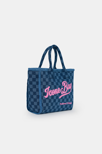 ICONE BAG Icone Washed Denim Stylish Daily & Beach Bag with Tassel Detail, Blue Checkered Tassel Shoulder Bag