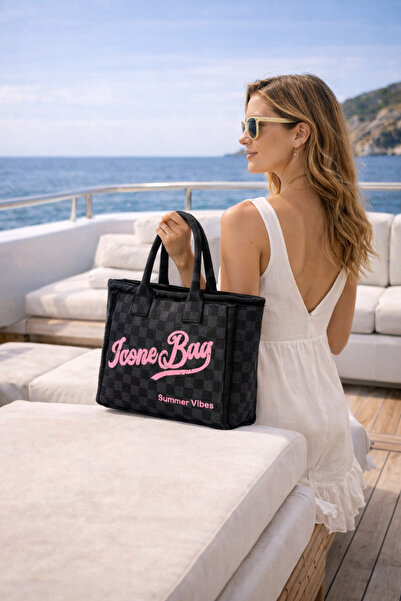 ICONE BAG Geantă de umăr Icone din denim lavabil, cu detalii cu ciucuri, elegantă, pentru zi cu zi și plajă, geantă de umăr din denim negru cu ciucuri în carouri