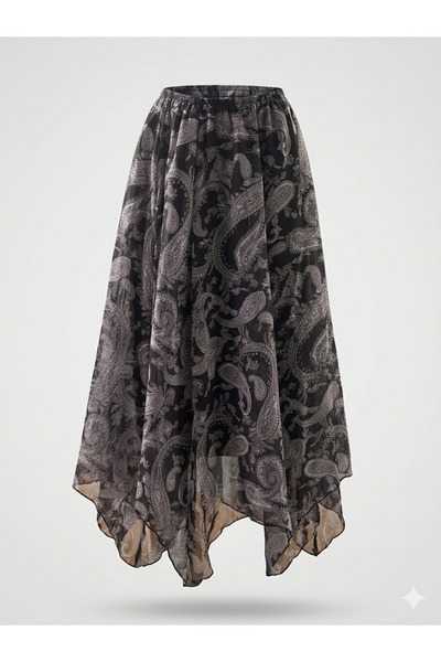 DAME Women's Premium Skirt Asymmetrical Retro Patterned Chiffon Skirt