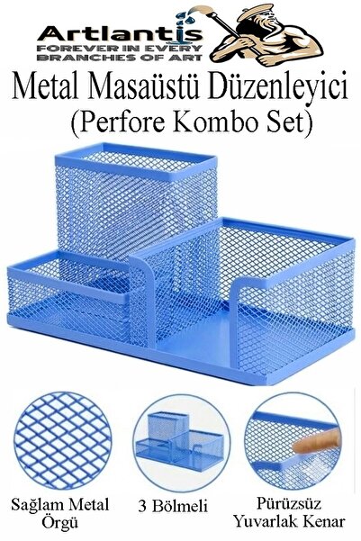 Artlantis Masaüstü Metal Kalemlik Seti 3 lü Kombo 1 Paket Fileli Perfore Renk...