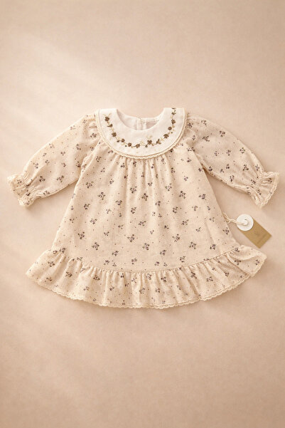 MintTasarımButik 3-24 Ay Kız Bebek Uzun Kollu Elbise Açık Kahve Minik Kalp De...