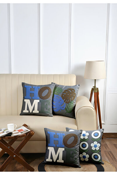 Neva Dekor Gray Color Embroidery Effect Home Written 4-Piece Throw Pillow Cov...