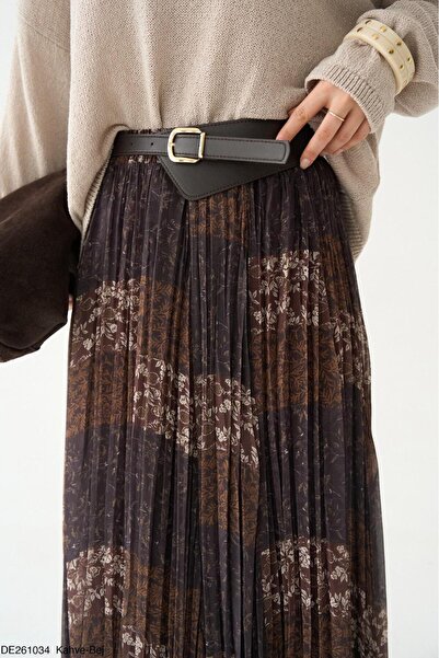 CADDELAMODA Women's Floral Lined Asymmetrical Skirt with Belt Detail