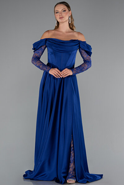 Abiyefon Saks Mavi Dantel Uzun Kol Kayık Yaka Saten Büyük Beden Abiye ABU5261