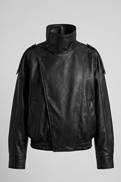 Jaglion New Season Trendy Black Leather Jacket with High Collar and Zipper
