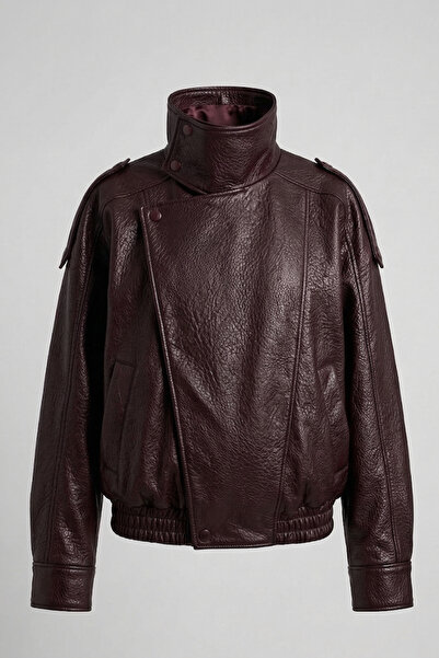 Jaglion New Season Trendy Burgundy Leather Jacket with High Collar and Zipper