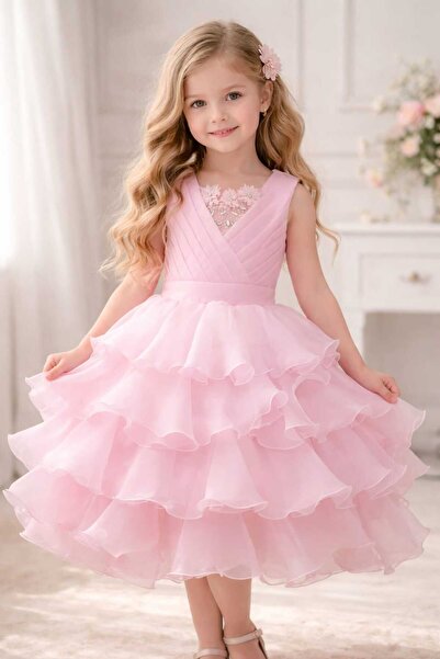 Marllow Beautiful Girls' Dress with Layers and Pleated Chest.